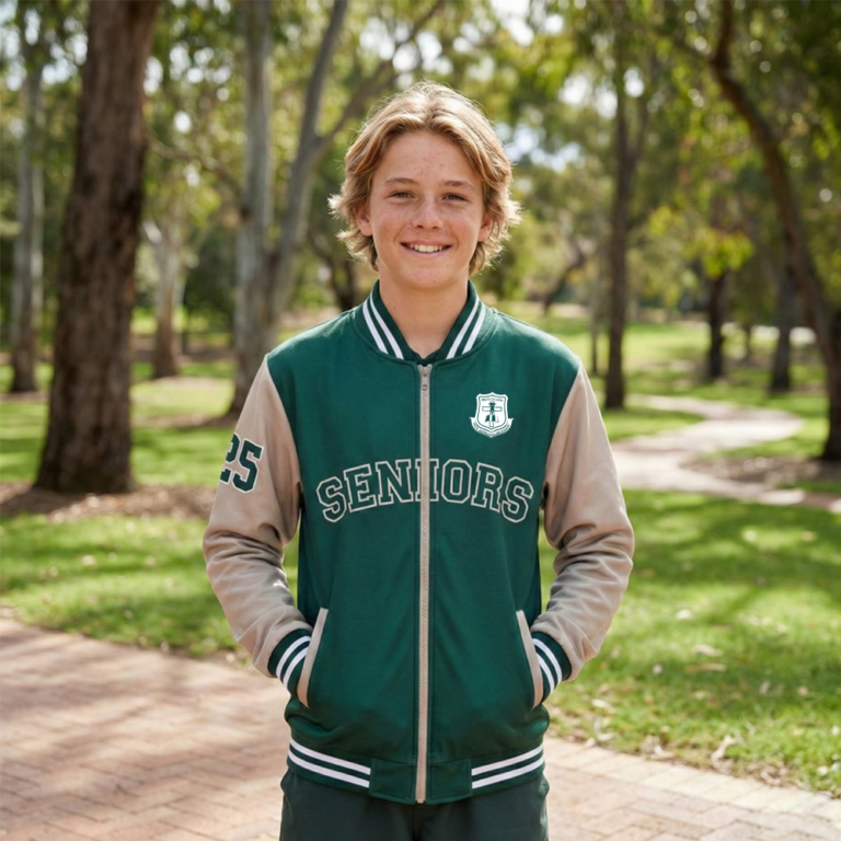 hybrid varsity jacket with lether, polycotton sleeves option